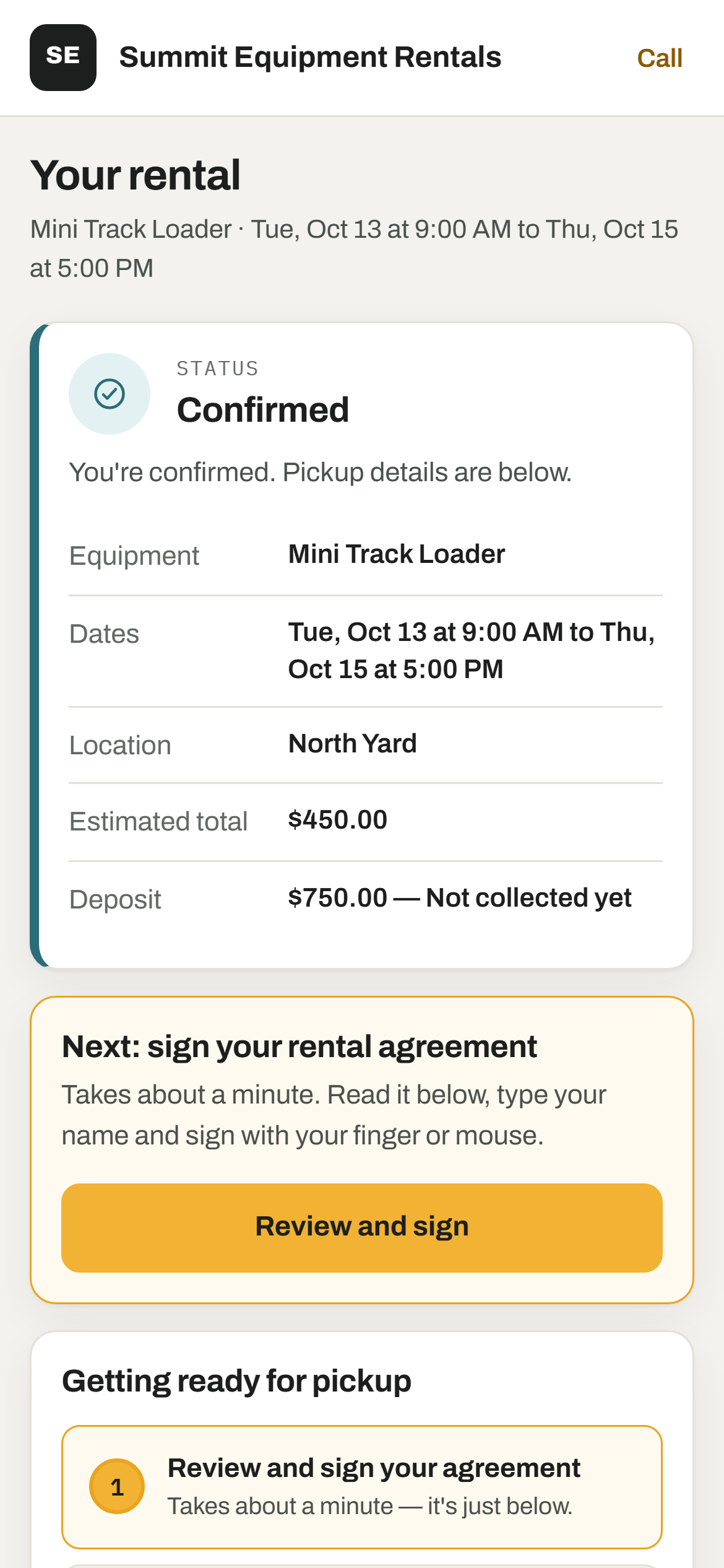 The Manage Rental page on a phone: a confirmed rental summary and the Getting ready for pickup steps: sign the agreement, then you're all set (this rental doesn't need an ID check).