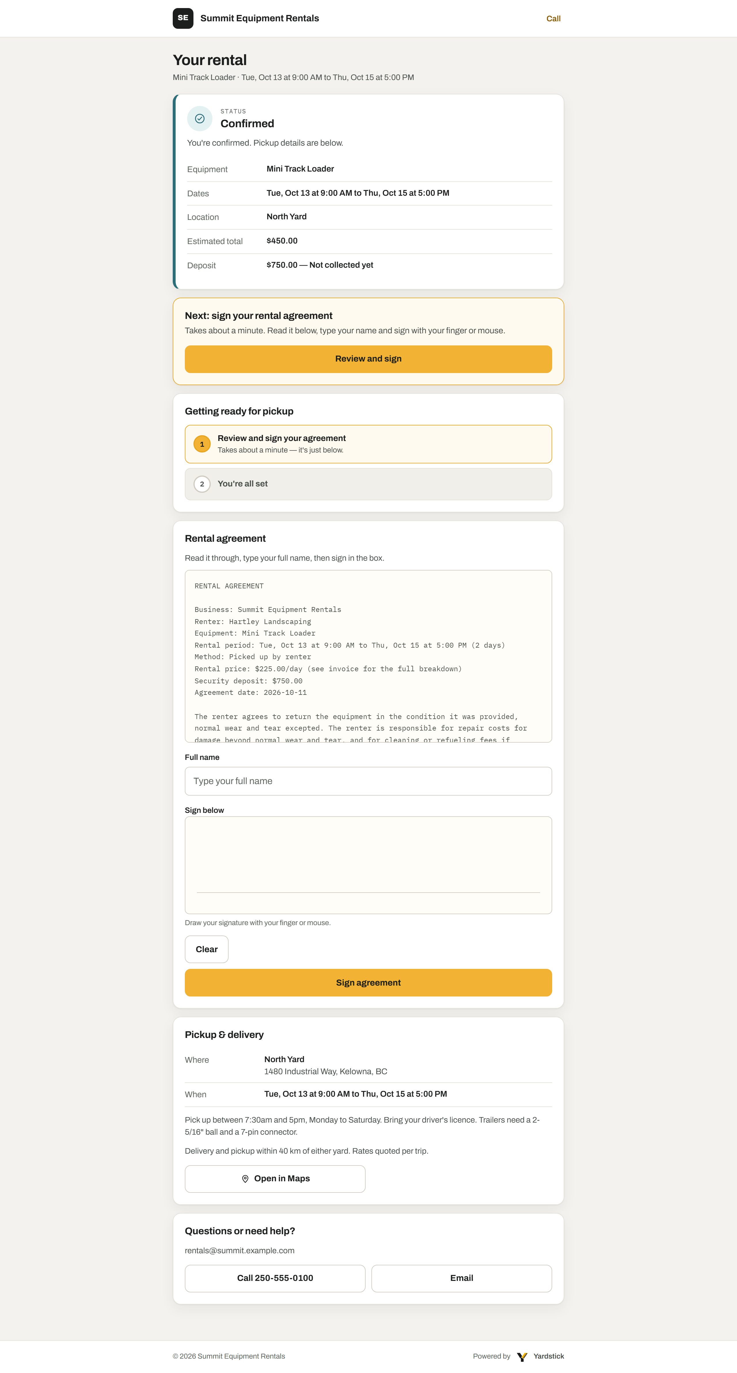 The renter's Manage Rental page: a confirmed rental summary with equipment, dates, estimated total and deposit, then the Getting ready for pickup steps: review and sign your agreement, then you're all set (this rental doesn't need an ID check).