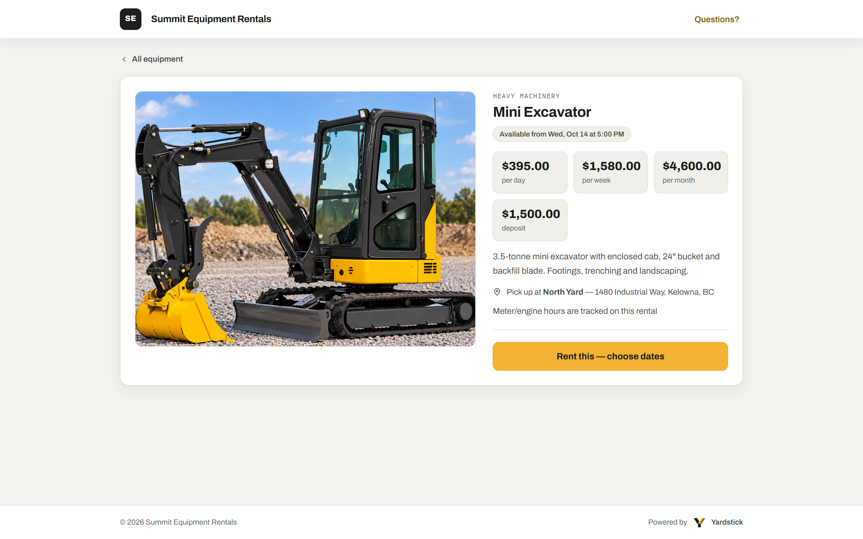 A unit's page on the demo business's storefront: the mini excavator's photo, when it's next available, its day, week and month rates and deposit, a short description, the pickup yard, and a Rent this, choose dates button.