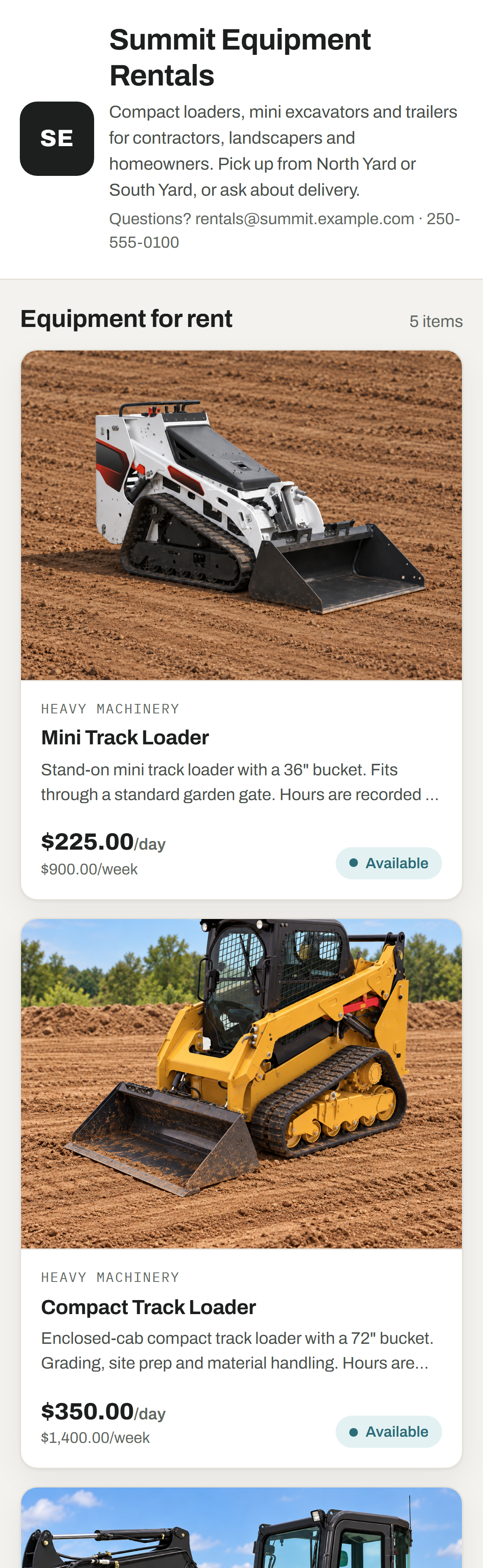 The storefront on a phone: the business name and contact line, then equipment cards with rates and availability.